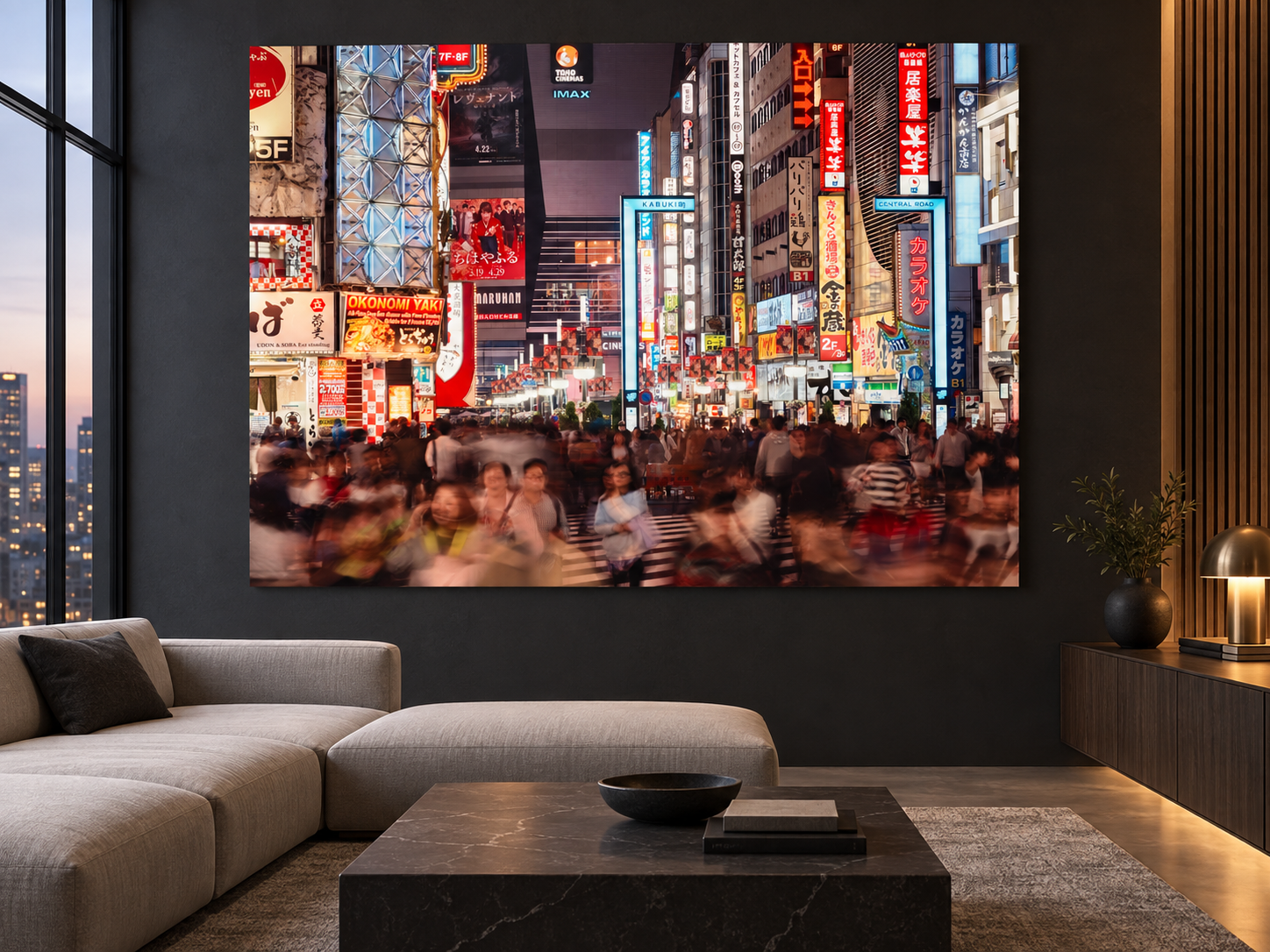 Visualisation d’intérieur générée par IA — Tokyo Shinjuku 5, Japan. Illustration du format et de la présence de l’œuvre ; il ne s’agit pas d’une installation photographiée.