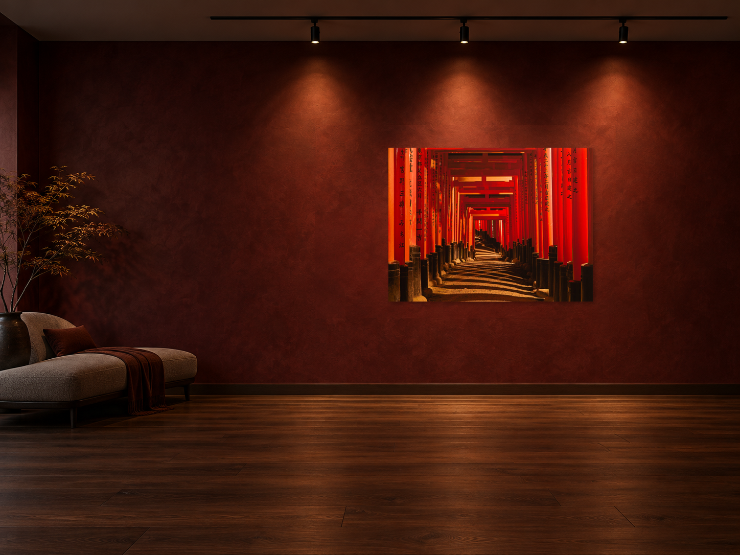 Raumvisualisierung – FUSHIMI INARI TAISHA 10, JAPAN, 108 × 144 cm. Unverändertes Original, maßstäbliche Landschaftsarbeit an freier dunkelroter Wand.