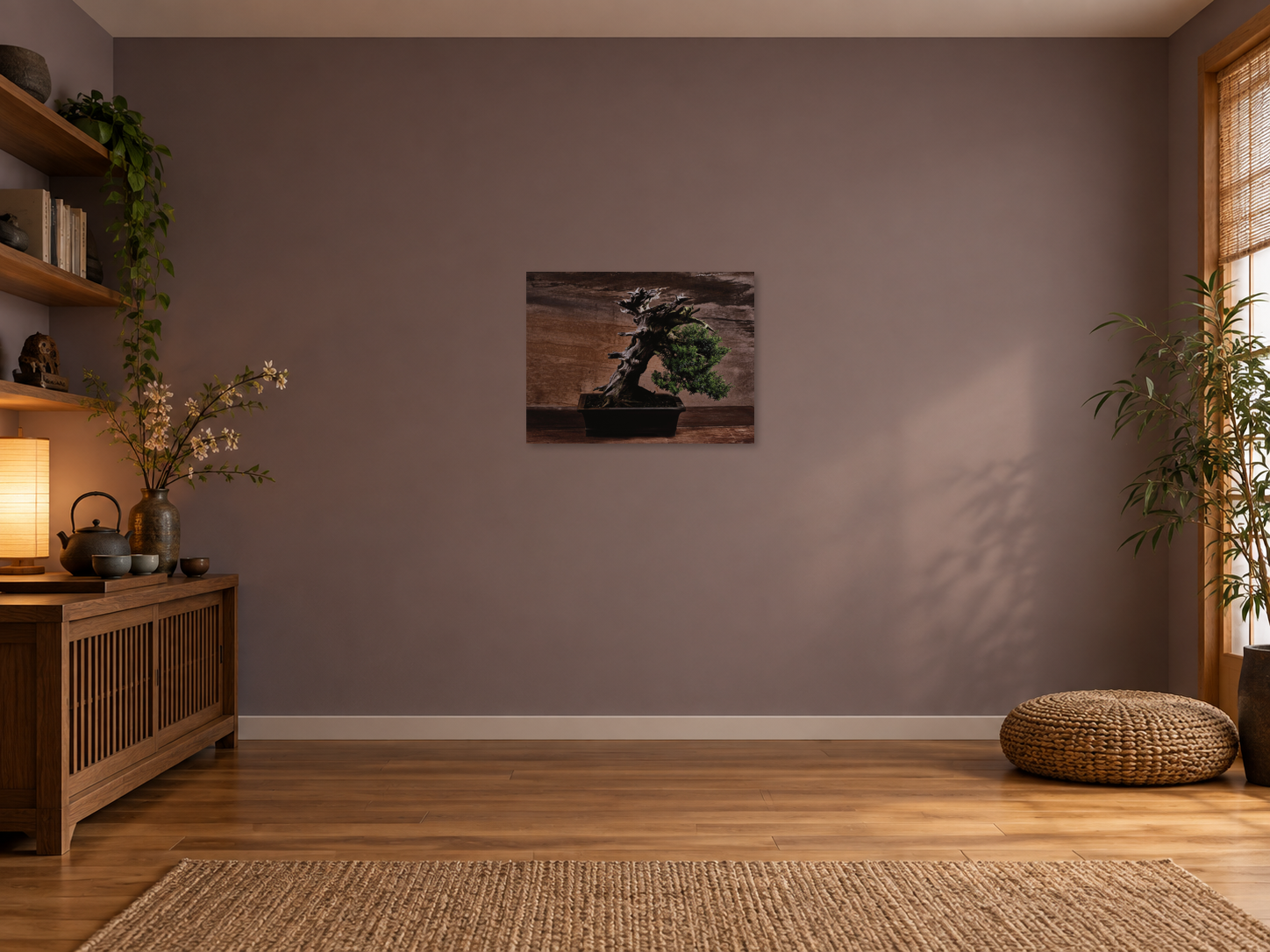 Raumvisualisierung – BONSAI, JAPAN, 61 × 81 cm. Unverändertes Original, maßstäbliche kleine Wandarbeit in einer pflaumengrauen Tee-Bibliothek.