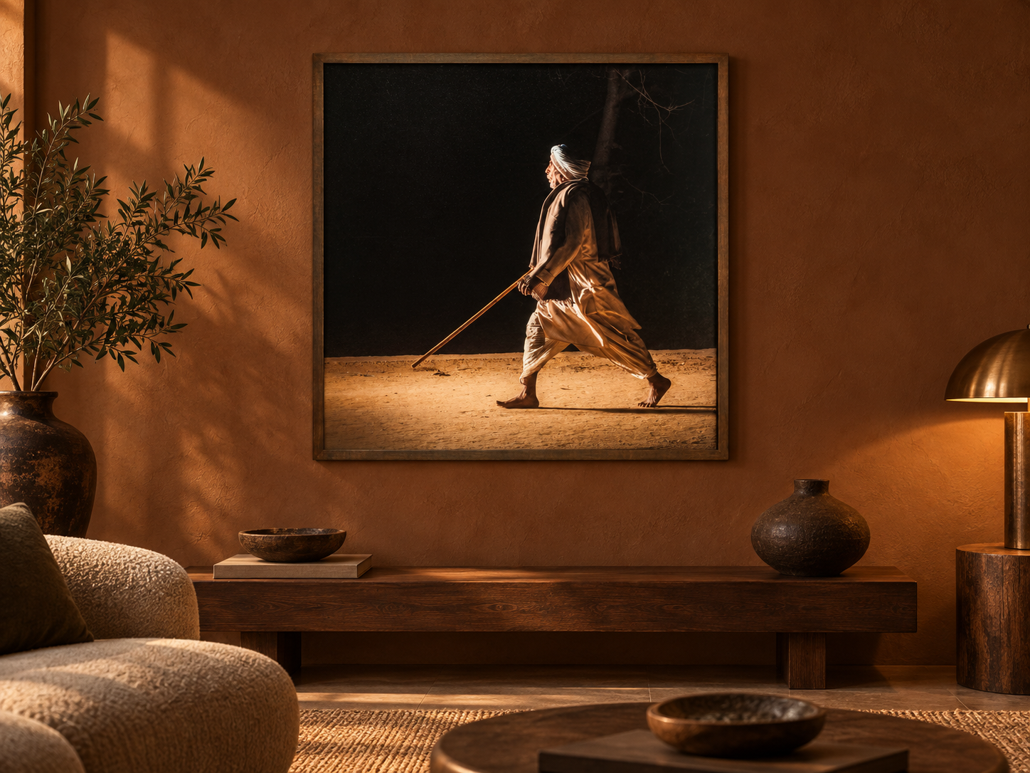 Visualisation d’intérieur générée par IA — PILGRIMS AT GOVARDHAN 1, INDIEN avec son cadre réel en bois brun. Illustration du format et de la présence de l’œuvre ; il ne s’agit pas d’une installation photographiée.