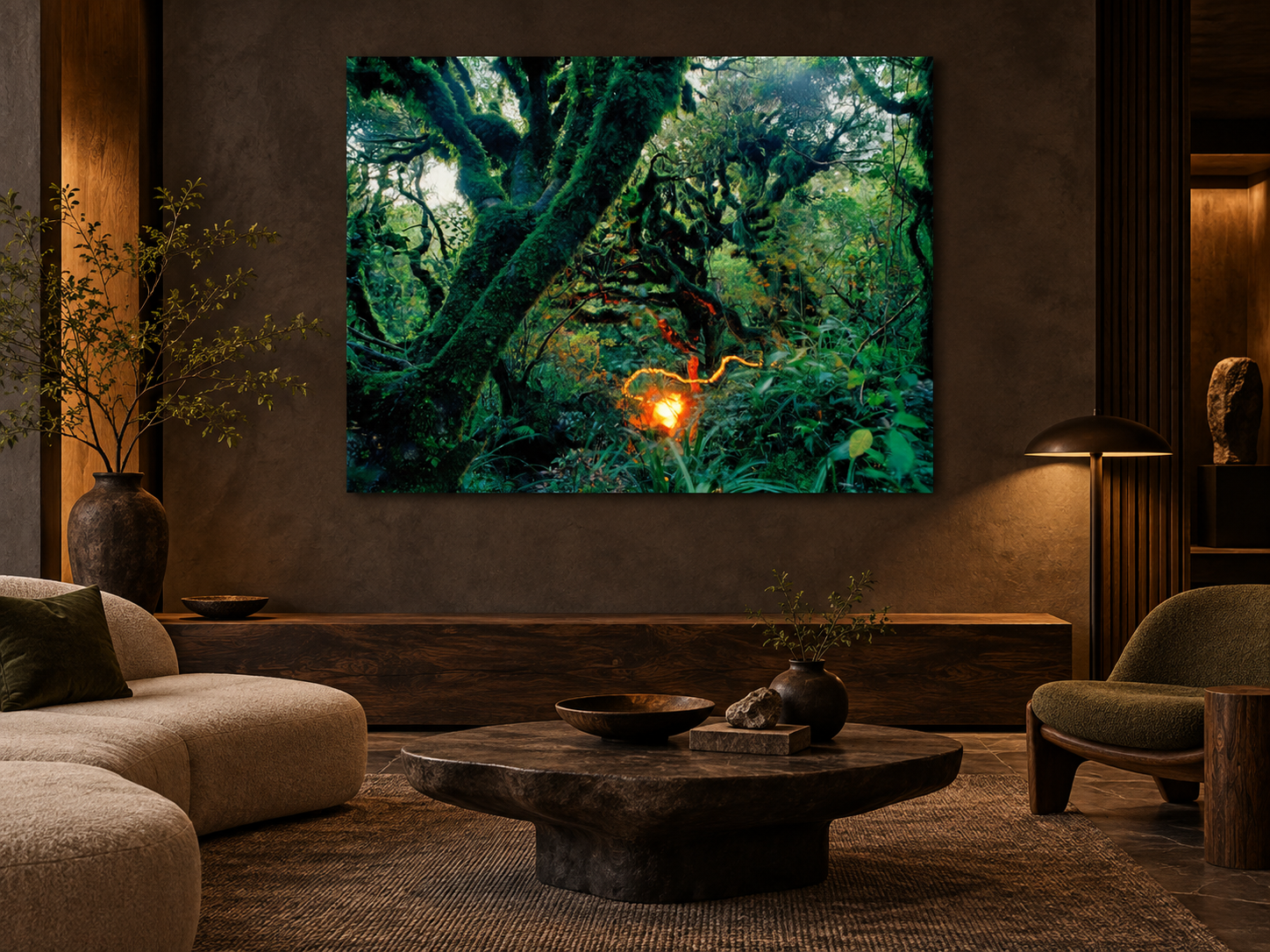 AI-generated room visualisation — Rainforest 3, New Zealand in a dark interior. An illustration of scale and spatial presence, not a photographed installation.