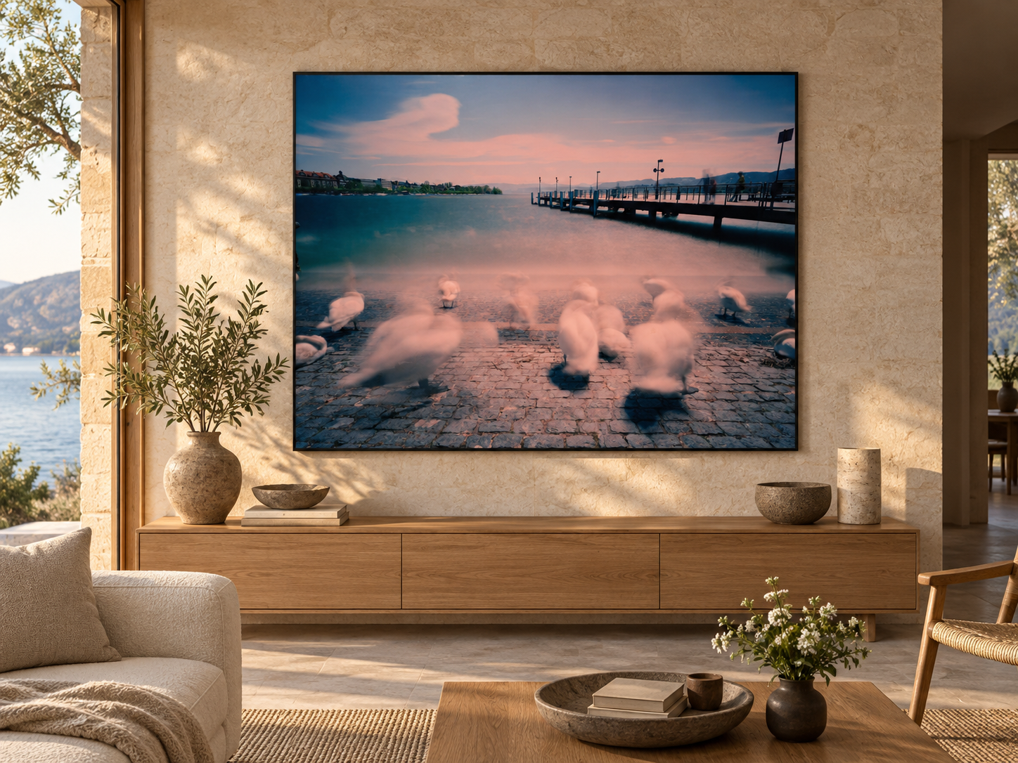 Visualisation d’intérieur générée par IA – Touched by Air, Schweiz. Présentation indicative du format et de l’effet spatial ; il ne s’agit pas d’une installation photographiée.