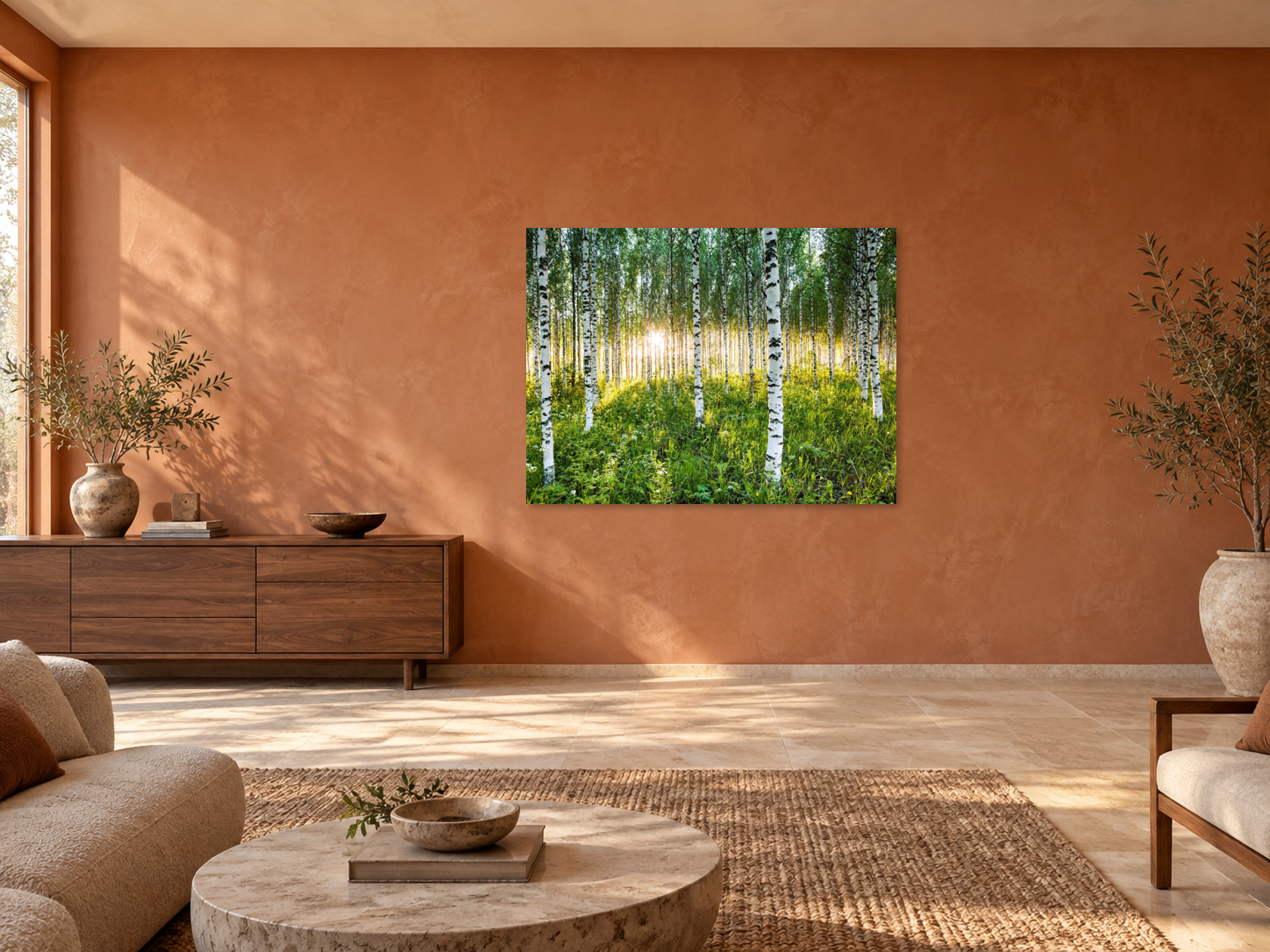 Raumvisualisierung – ATMOSPHERIC BIRCH FOREST, FINNLAND, 108 × 145 cm. Unverändertes Original, maßstäbliches Galerieformat an terracottafarbener Wohnwand.