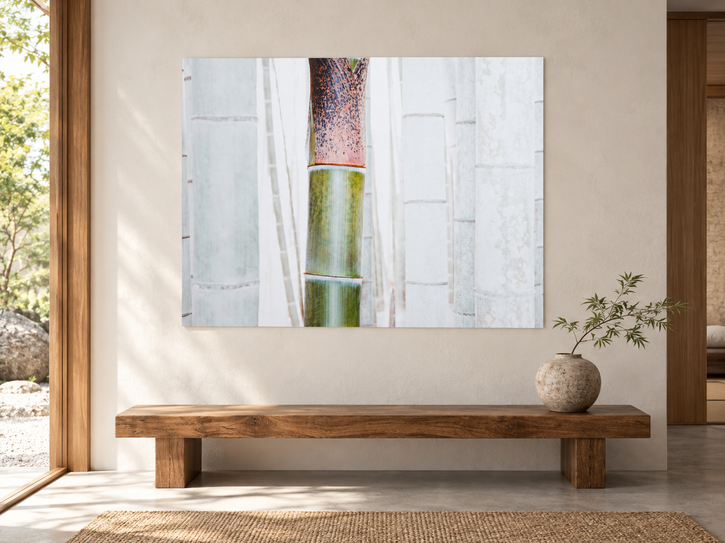 Visualisation d’intérieur générée par IA — WHITE BAMBOO 1, JAPAN dans un espace de collection aux matières minérales d’inspiration japonaise. Illustration du format et de la présence de l’œuvre ; il ne s’agit pas d’une installation photographiée.