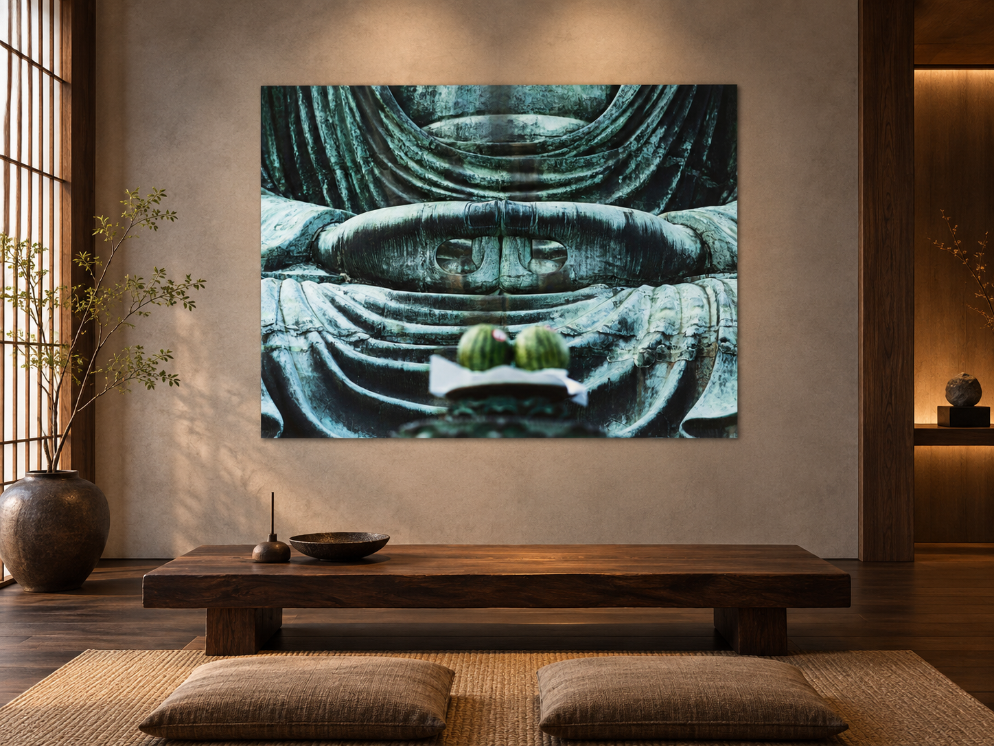 KI-generierte Raumvisualisierung – Kōtoku-in, Japan. Darstellung dient der Orientierung zu Größe und Wirkung; keine fotografierte Installation.