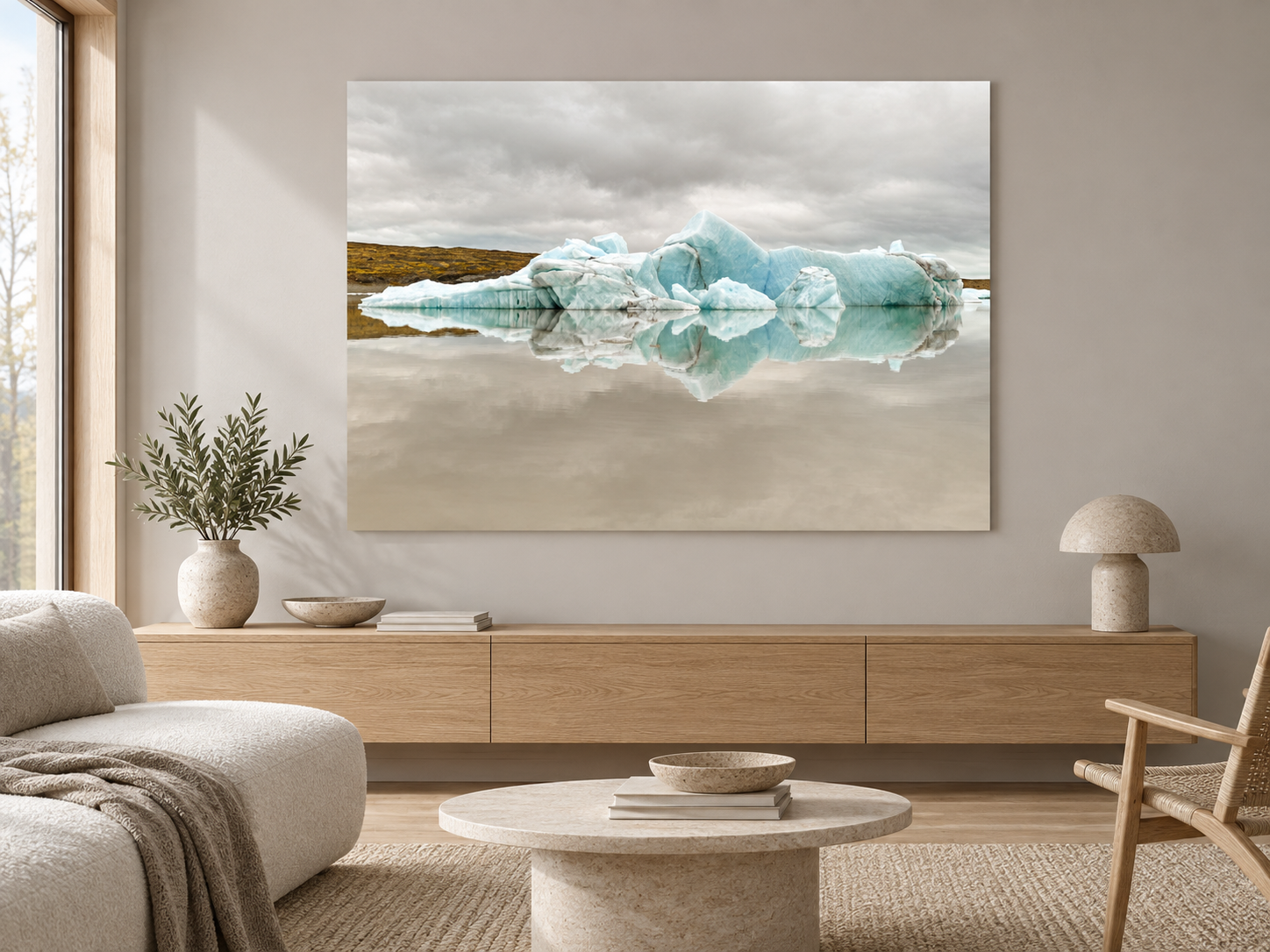 Visualisation d’intérieur générée par IA — Earthporn 2, Island. Indication du format et de la présence dans l’espace ; il ne s’agit pas d’une installation photographiée.