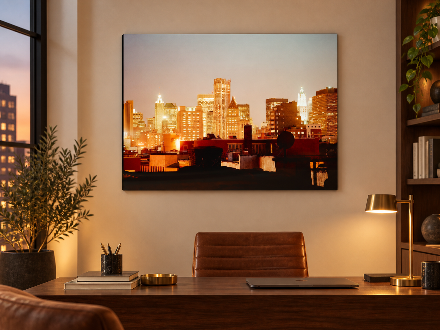 KI-generierte Raumvisualisierung – ROOM OF BUSINESS, USA in einem warmen Sammlerinterieur. Orientierung zu Größe und Wirkung; keine fotografierte Installation.