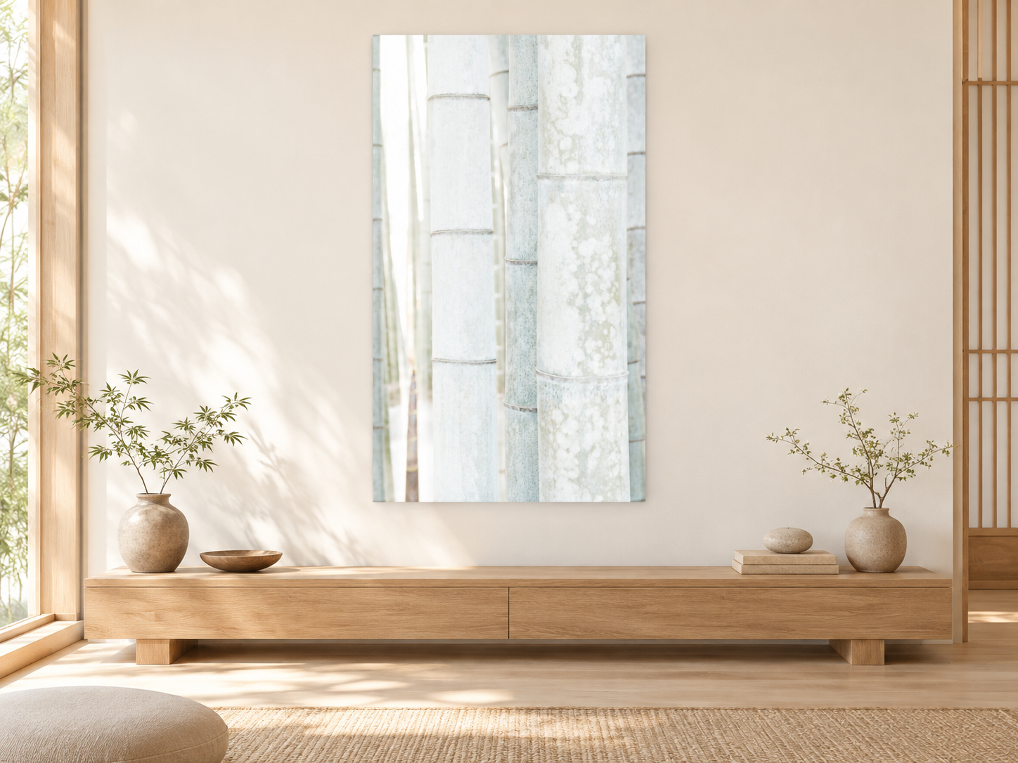 KI-generierte Raumvisualisierung – White Bamboo 6, Japan. Darstellung dient der Orientierung zu Größe und Wirkung; keine fotografierte Installation.