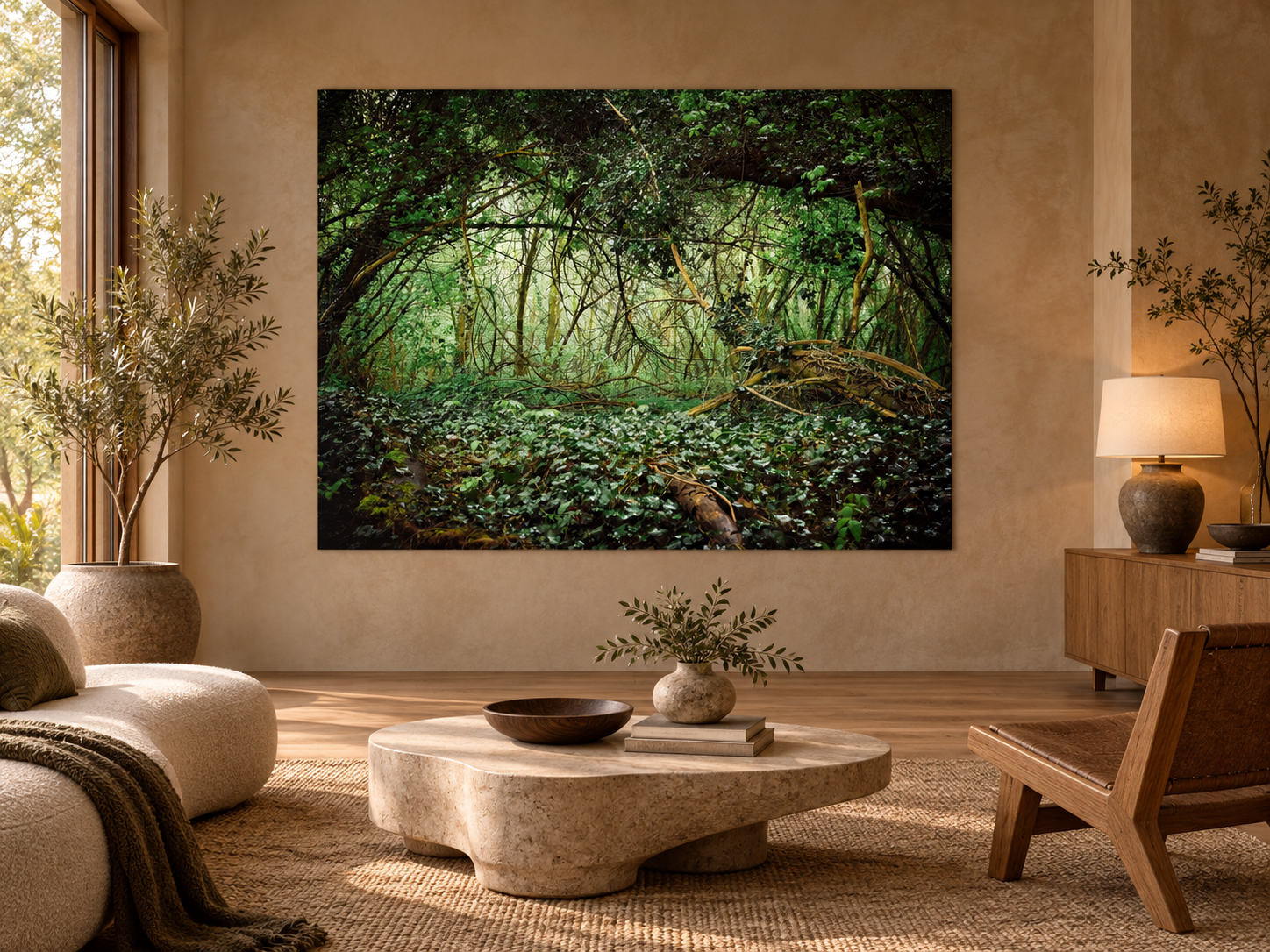 KI-generierte Raumvisualisierung – DEUTSCHER WALD, DEUTSCHLAND in einem warmen Sammlerinterieur. Orientierung zu Größe und Wirkung; keine fotografierte Installation.