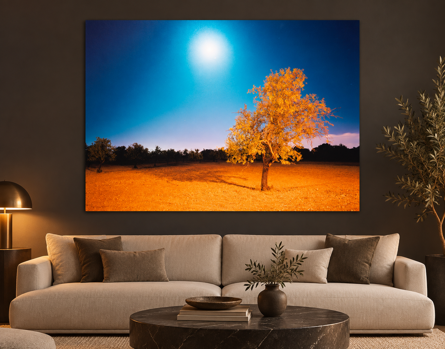 KI-generierte Raumvisualisierung – Two Characteristics, Spanien. Darstellung dient der Orientierung zu Größe und Wirkung; keine fotografierte Installation.