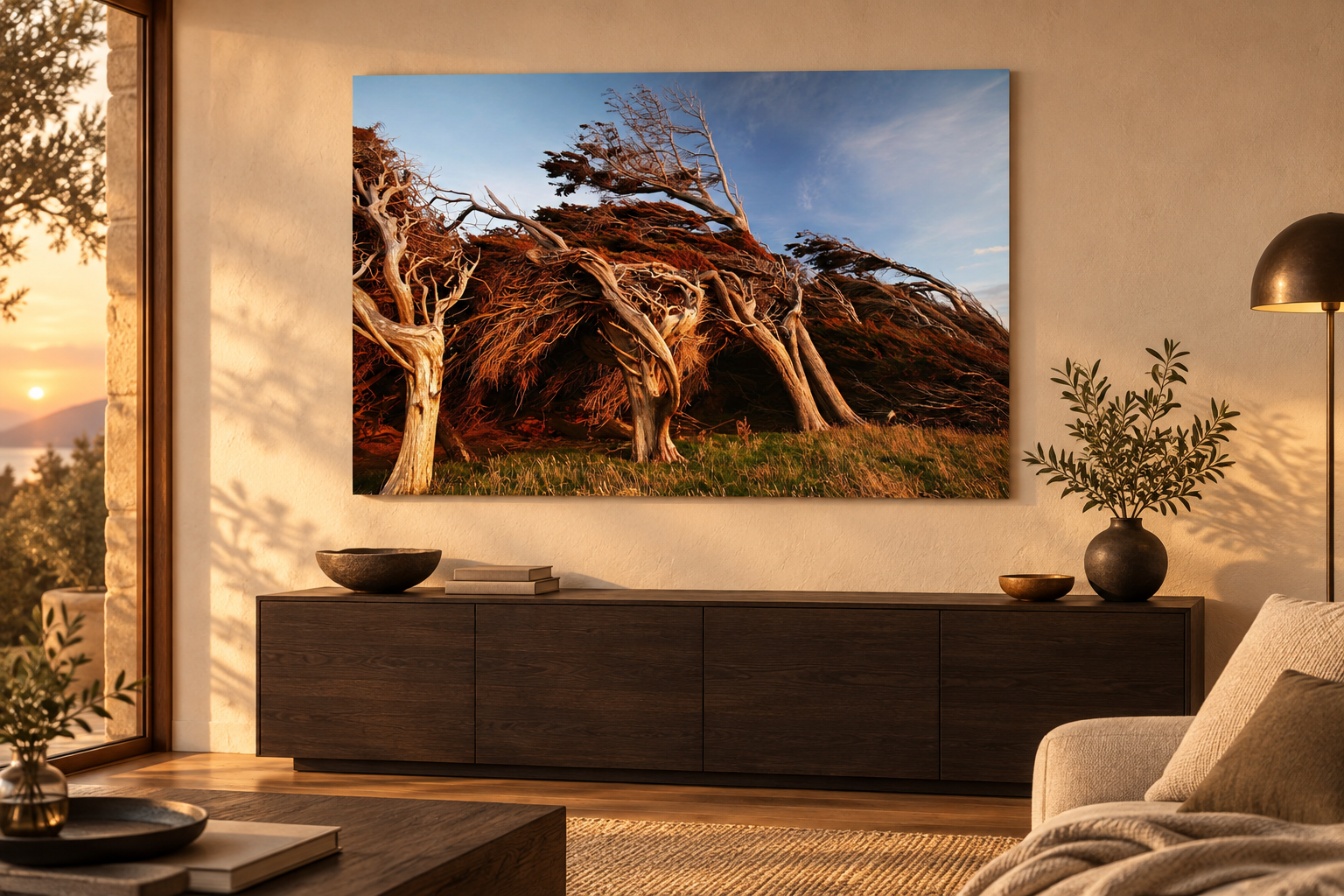 KI-generierte Raumvisualisierung &ndash; Slope Point 1, Neuseeland. Darstellung dient der Orientierung zu Gr&ouml;&szlig;e und Wirkung; keine fotografierte Installation.