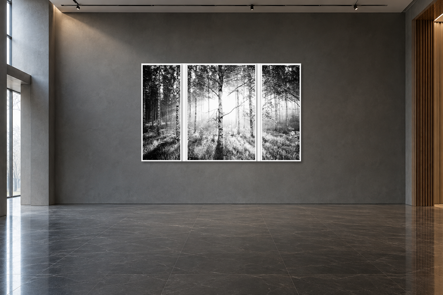 BIRKENWALD – TRIPTYCHON, FINNLAND — Raumansicht, 151.2 × 226 cm, dreiteilig