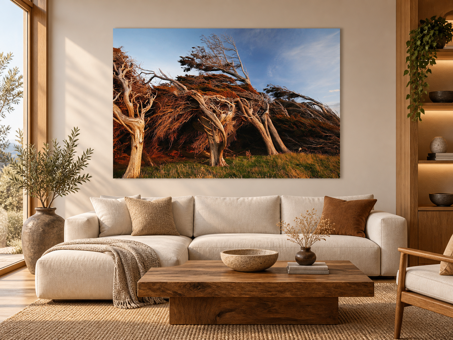 KI-generierte Raumvisualisierung &ndash; SLOPE POINT 1, NEUSEELAND in einem warmen Sammlerinterieur. Orientierung zu Gr&ouml;&szlig;e und Wirkung; keine fotografierte Installation.