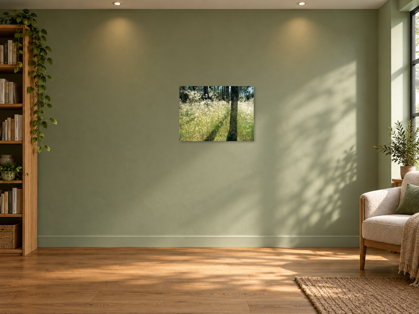 Raumvisualisierung – FOREST AND LIGHT, DEUTSCHLAND, 60 × 82 cm. Unverändertes Original, maßstäbliche kleine Landschaftsarbeit an freier salbeigrüner Wand.