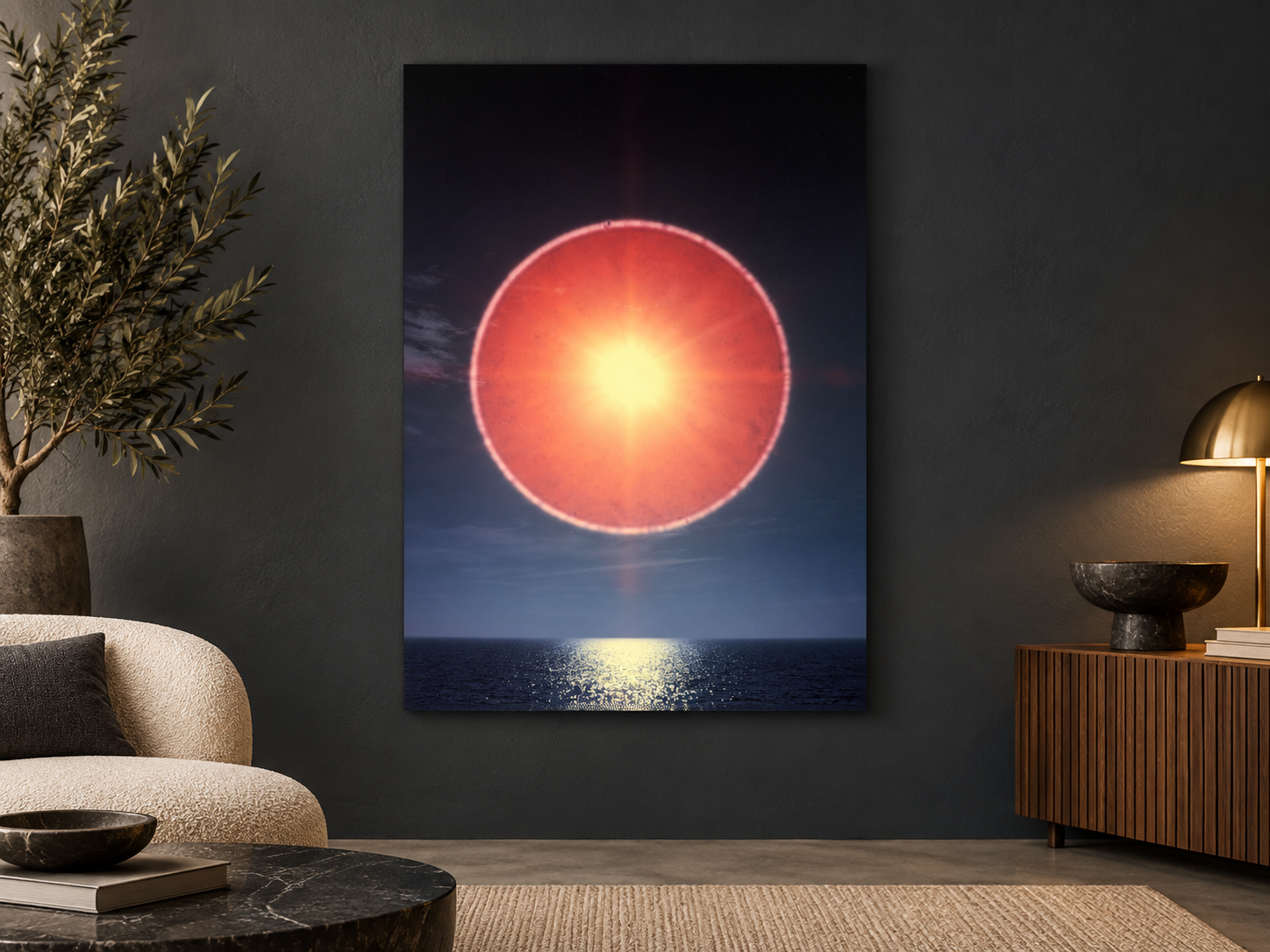 KI-generierte Raumvisualisierung – Sun Halo: Play of Light over Ocean Waves 3, Deutschland. Darstellung dient der Orientierung zu Größe und Wirkung; keine fotografierte Installation.