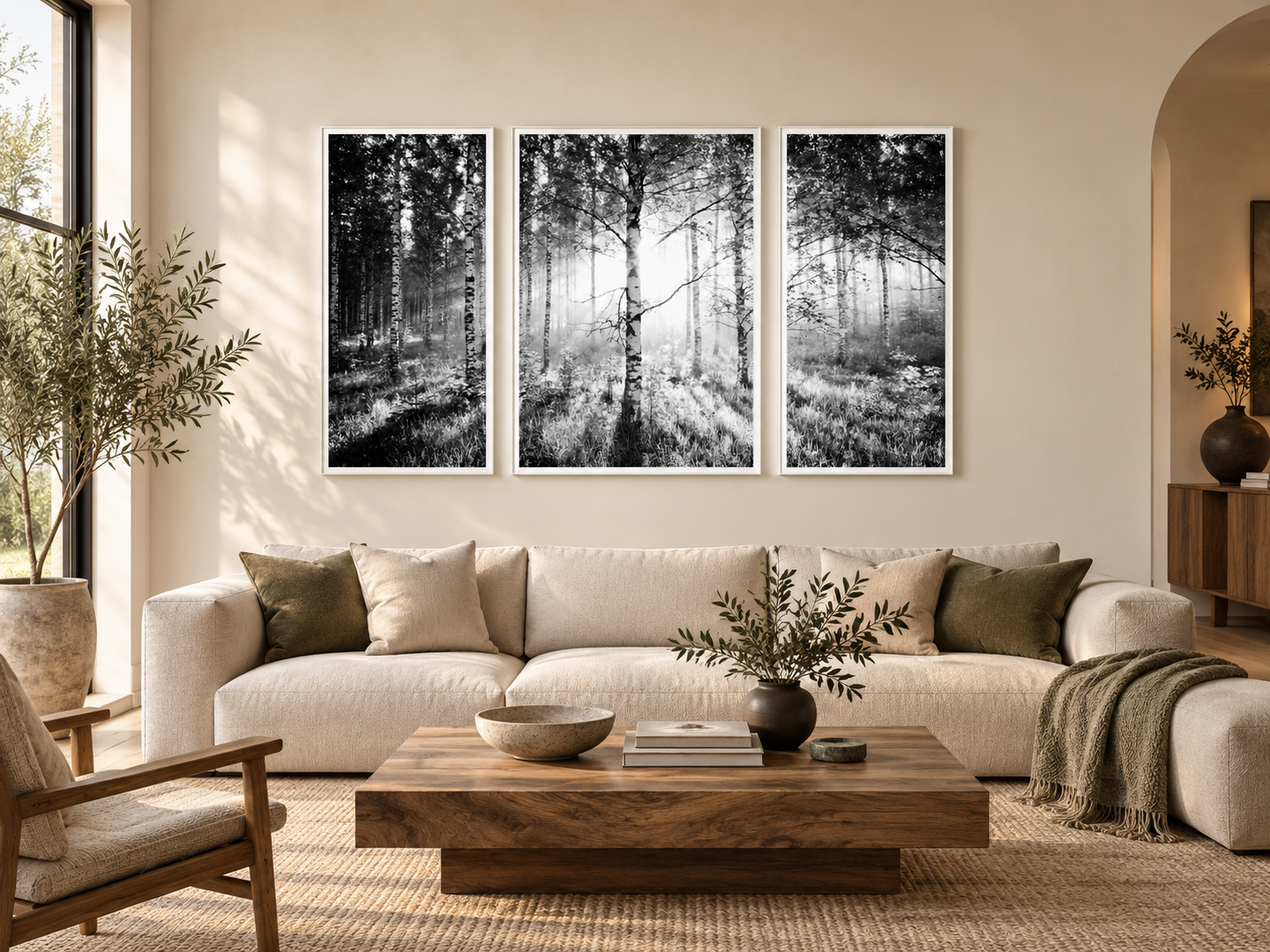 KI-generierte Raumvisualisierung – Birkenwald - Triptychon, Finnland. Die drei physischen gerahmten Paneele mit Passepartouts sind vollständig abgebildet; Orientierung zu Größe und Wirkung; keine fotografierte Installation.